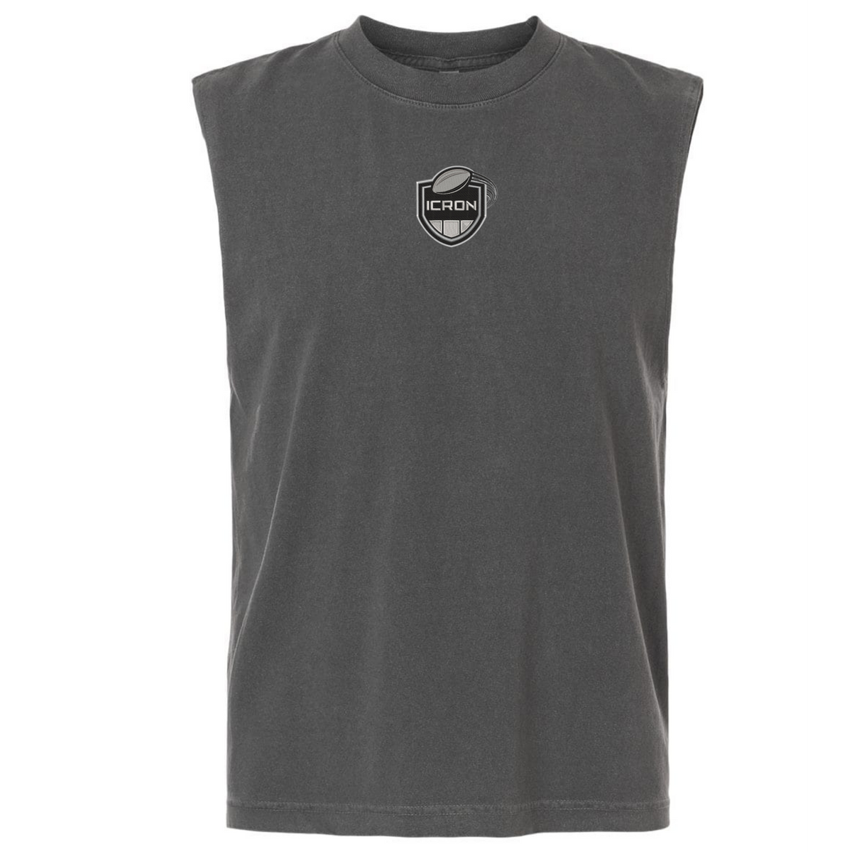 Dark gray, garment-dyed ICRON Unisex Heavyweight Cotton Garment-Dyed Mid-Length Muscle Tee featuring an ICRON shield logo on the chest.