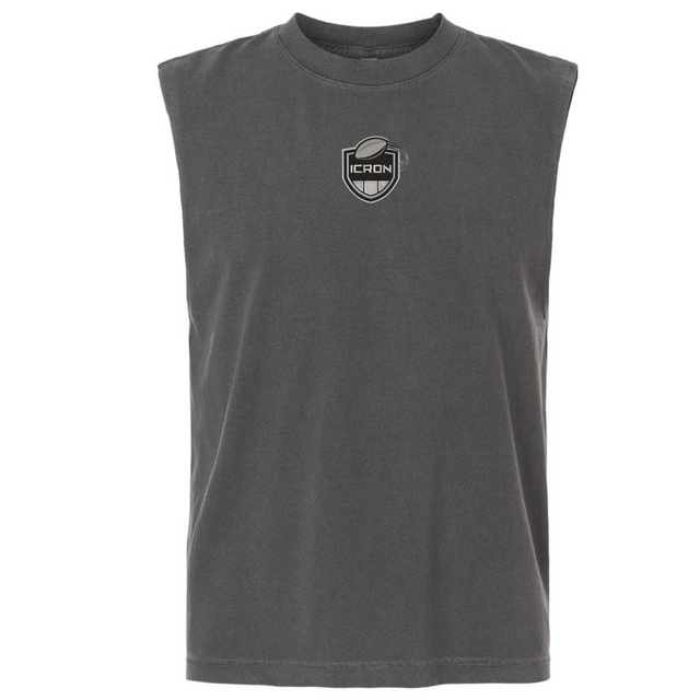 Dark gray, garment-dyed ICRON Unisex Heavyweight Cotton Garment-Dyed Mid-Length Muscle Tee featuring an ICRON shield logo on the chest.