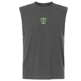 Dark gray Rock Rugby Unisex Heavyweight Cotton Garment-Dyed Mid-Length Muscle Tee featuring a small green shield-shaped chest logo that reads “ROCK RUGBY LIONS.”