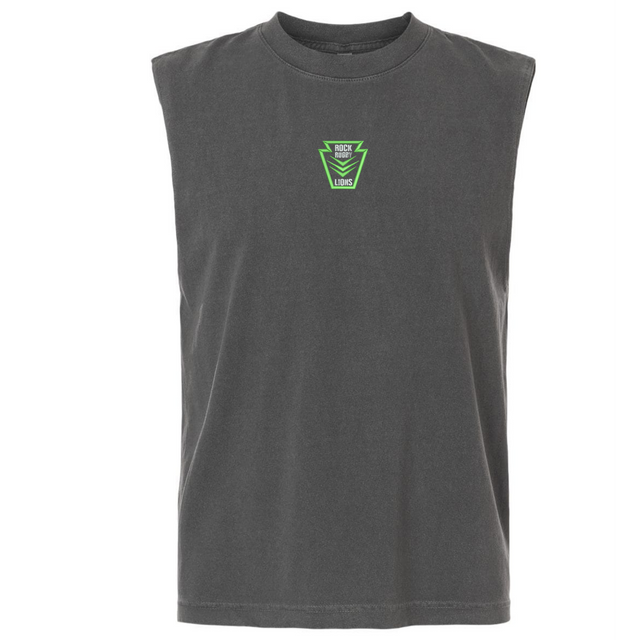 Dark gray Rock Rugby Unisex Heavyweight Cotton Garment-Dyed Mid-Length Muscle Tee featuring a small green shield-shaped chest logo that reads “ROCK RUGBY LIONS.”
