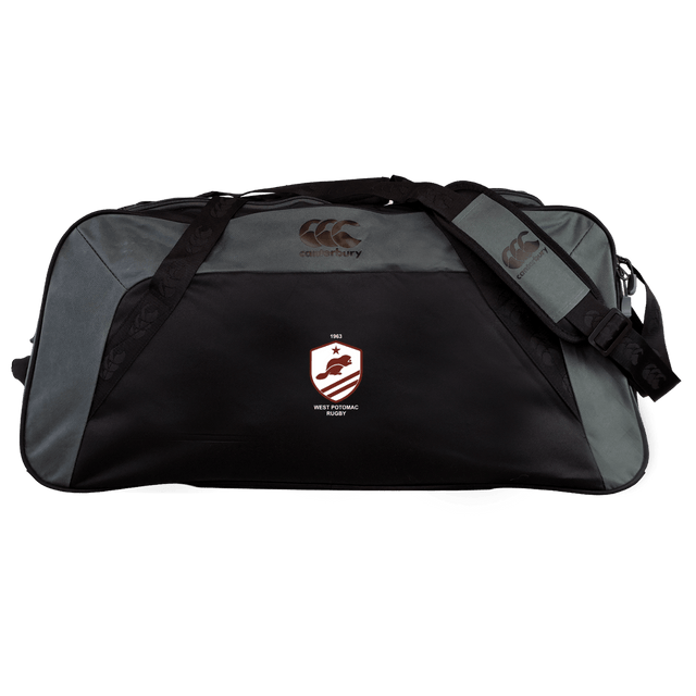 The EMB Canterbury West Potomac RFC Holdall Duffle Bag is a large, black and gray water-repellent sports bag with a shoulder strap and the club logo on front—ideal for rugby players who need durability and style on the go.