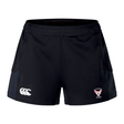 The Superior Rugby Club Women's Advantage Short 2.0 by EMB Canterbury are black sustainable sports shorts with a white Canterbury logo on the left leg and a club logo on the right, inspired by the original Women's Advantage Short 2.0 design.