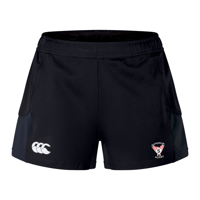 The Superior Rugby Club Women's Advantage Short 2.0 by EMB Canterbury are black sustainable sports shorts with a white Canterbury logo on the left leg and a club logo on the right, inspired by the original Women's Advantage Short 2.0 design.