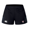 The Superior Rugby Club Women's Advantage Short 2.0 by EMB Canterbury are black sustainable sports shorts with a white Canterbury logo on the left leg and a club logo on the right, inspired by the original Women's Advantage Short 2.0 design.