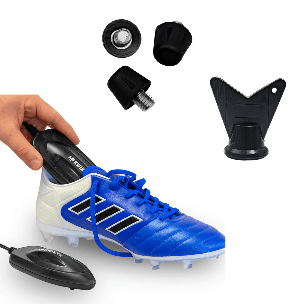 A person is holding a soccer shoe with a Bundle Artificial Turf M6 Stud & Boot Dryer Pack attached to it, preparing for a rugby match on artificial turf.