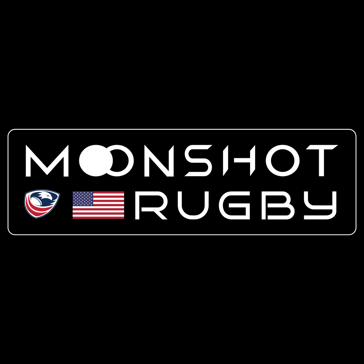 The WRS LAT USA Rugby Moonshot Tee features "Moonshot Rugby" text, a rugby shield, and the American flag, supporting the Men's Eagles' journey to the 2031 Rugby World Cup.