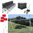 Collage of outdoor equipment including a Bundle Portable Pitch Pack, black and white paint buckets, a lawn aerator, red flags on portable rugby posts, and a backyard scene with a trampoline.