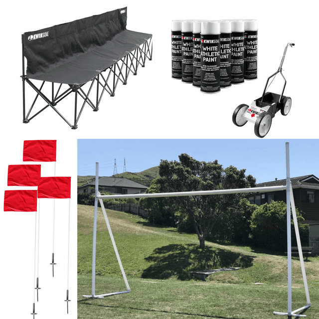 Collage of outdoor equipment including a Bundle Portable Pitch Pack, black and white paint buckets, a lawn aerator, red flags on portable rugby posts, and a backyard scene with a trampoline.