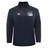 The Play Rugby USA GTS 1/4 Zip Poly Pullover by EMB Gilbert is a navy blue performance top featuring a white “Play Rugby USA” logo on the left chest and a white emblem on the right chest—quality Gilbert rugby apparel perfect for any fan of the game.
