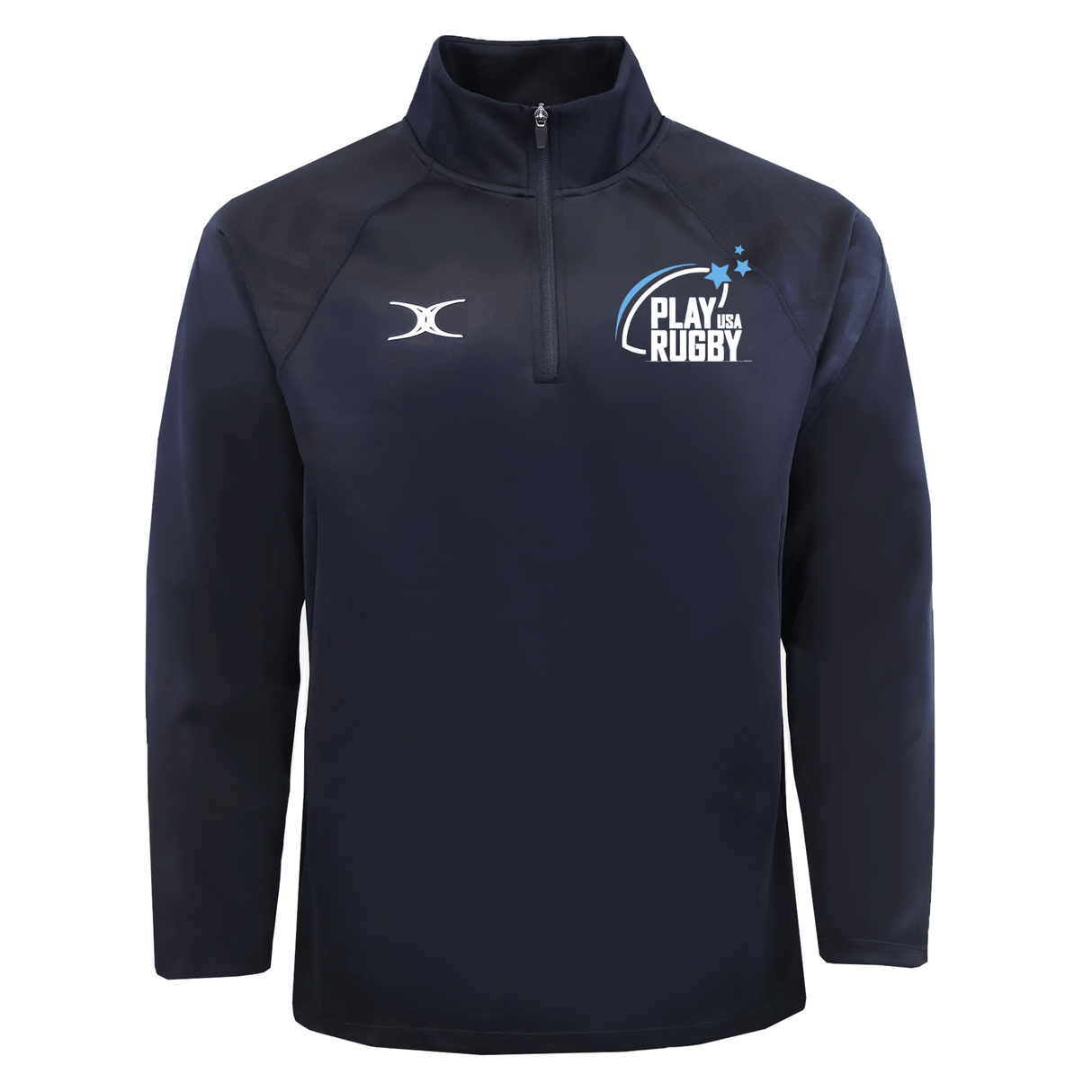 The Play Rugby USA GTS 1/4 Zip Poly Pullover by EMB Gilbert is a navy blue performance top featuring a white “Play Rugby USA” logo on the left chest and a white emblem on the right chest—quality Gilbert rugby apparel perfect for any fan of the game.