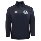 The Play Rugby USA GTS 1/4 Zip Poly Pullover by EMB Gilbert is a navy blue performance top featuring a white “Play Rugby USA” logo on the left chest and a white emblem on the right chest—quality Gilbert rugby apparel perfect for any fan of the game.