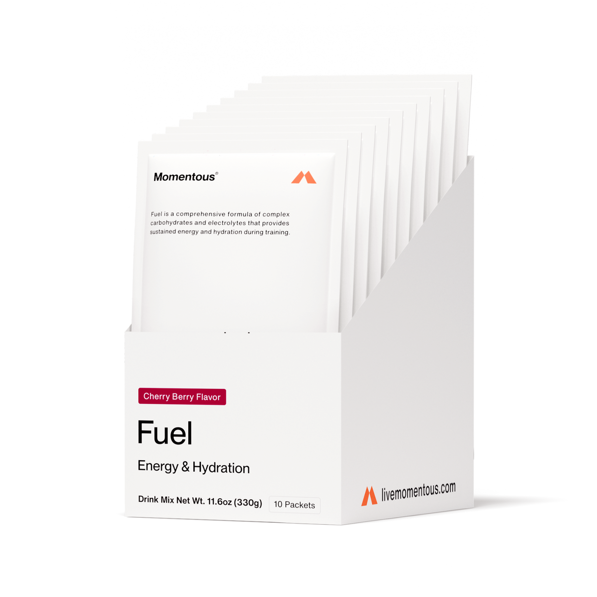Momentous Fuel 10-Travel Packs by Momentous—Cherry Berry carb electrolyte drink mix for energy and hydration—white box with 10 upright packets. Perfect for sustained energy during endurance exercise.