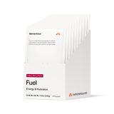 Momentous Fuel 10-Travel Packs by Momentous—Cherry Berry carb electrolyte drink mix for energy and hydration—white box with 10 upright packets. Perfect for sustained energy during endurance exercise.