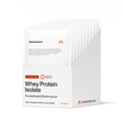 The Momentous Whey Protein Isolate 10-Travel Packs by Momentous features chocolate-flavored, grass-fed protein supplements in a white box, offering convenient on-the-go nutrition.