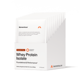 The Momentous Whey Protein Isolate 10-Travel Packs by Momentous features chocolate-flavored, grass-fed protein supplements in a white box, offering convenient on-the-go nutrition.