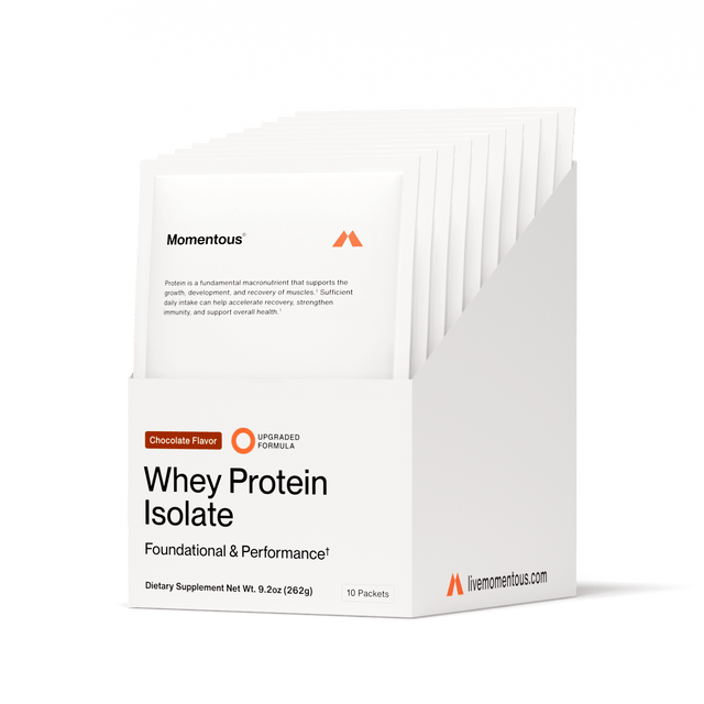 The Momentous Whey Protein Isolate 10-Travel Packs by Momentous features chocolate-flavored, grass-fed protein supplements in a white box, offering convenient on-the-go nutrition.