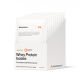 A white box labeled “Momentous Whey Protein Isolate 10-Travel Packs” by Momentous, featuring grass-fed protein and vanilla flavor, contains ten individual packets (250g total), shown standing upright.