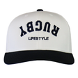 The EMB Augusta Upside Down Rugby Lifestyle Snapback Cap features "RUGBY" stitched upside down above "LIFESTYLE" on the front in black and white—perfect for expressing your rugby lifestyle.