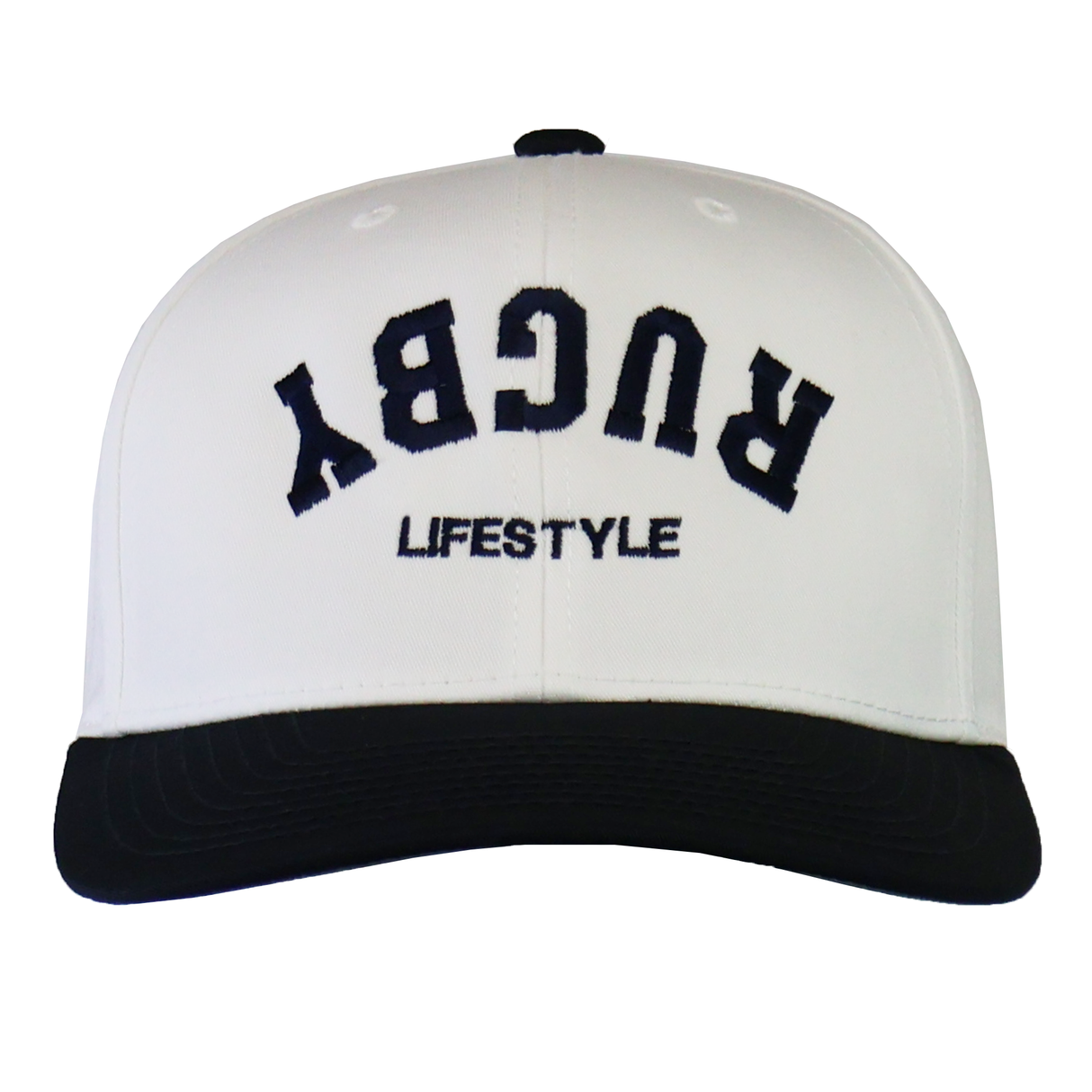 The EMB Augusta Upside Down Rugby Lifestyle Snapback Cap features "RUGBY" stitched upside down above "LIFESTYLE" on the front in black and white—perfect for expressing your rugby lifestyle.