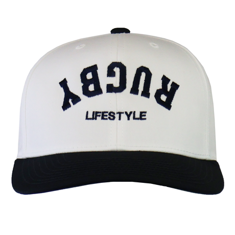 The EMB Augusta Upside Down Rugby Lifestyle Snapback Cap features "RUGBY" stitched upside down above "LIFESTYLE" on the front in black and white—perfect for expressing your rugby lifestyle.