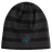 Just In: The Uruguay Shield Beanie by EMB Canterbury features stylish black and gray stripes and a blue bird logo on a sleek black patch, capturing the vibrant spirit of Uruguay.