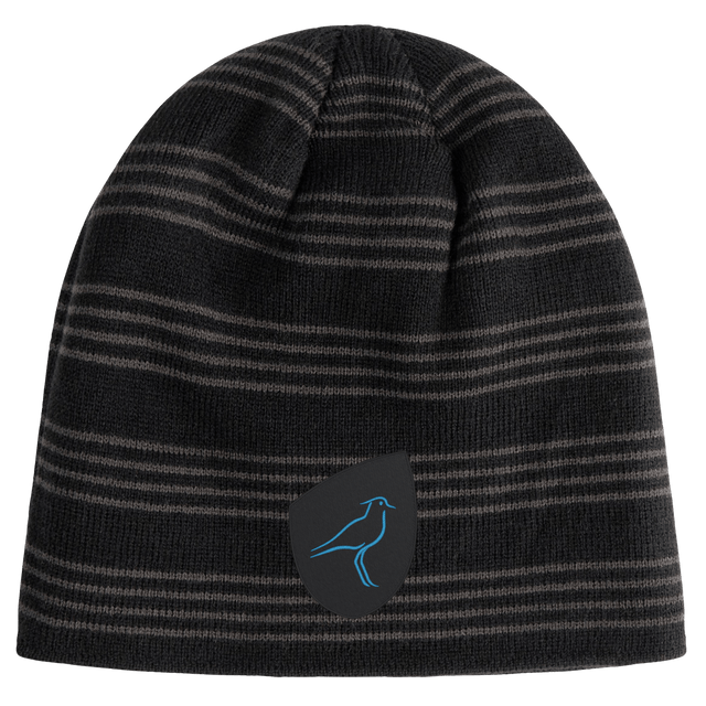 Just In: The Uruguay Shield Beanie by EMB Canterbury features stylish black and gray stripes and a blue bird logo on a sleek black patch, capturing the vibrant spirit of Uruguay.
