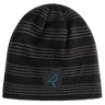 Just In: The Uruguay Shield Beanie by EMB Canterbury features stylish black and gray stripes and a blue bird logo on a sleek black patch, capturing the vibrant spirit of Uruguay.
