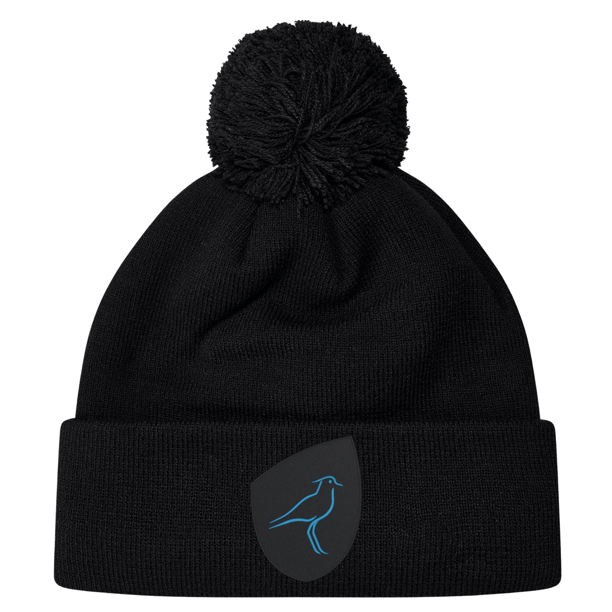 The Uruguay Shield Pom Pom Beanie by EMB Canterbury showcases a stylish black design with a striking blue bird logo on the front, combining fashion and warmth perfectly.