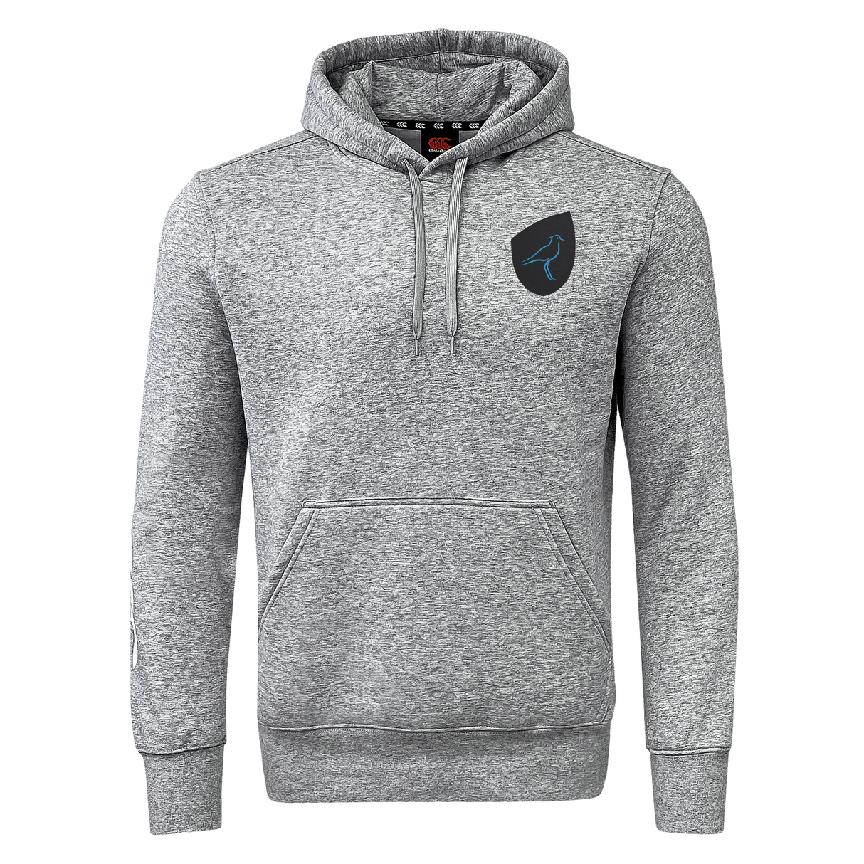 The Uruguay Shield Club Hoodie by EMB Canterbury is a gray hooded sweatshirt made from premium fleece, featuring a kangaroo pocket and a black emblem on the chest. Ideal for rugby fans, it seamlessly combines style and comfort.