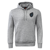The Uruguay Shield Club Hoodie by EMB Canterbury is a gray hooded sweatshirt made from premium fleece, featuring a kangaroo pocket and a black emblem on the chest. Ideal for rugby fans, it seamlessly combines style and comfort.