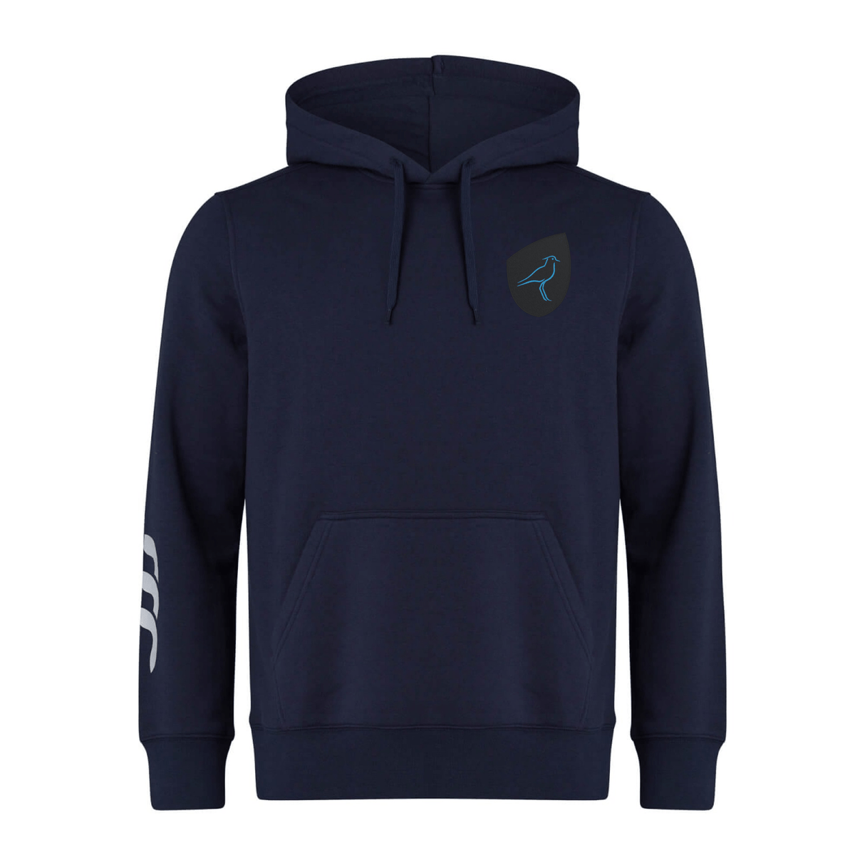 The EMB Canterbury Uruguay Shield Club Hoodie in navy blue features a hood, drawstrings, front pocket, small chest logo, and sleeve stripes. Made from premium sweatshirt fleece, it's ideal for rugby supporters.