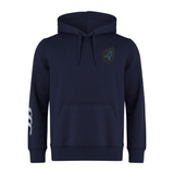 The EMB Canterbury Uruguay Shield Club Hoodie in navy blue features a hood, drawstrings, front pocket, small chest logo, and sleeve stripes. Made from premium sweatshirt fleece, it's ideal for rugby supporters.