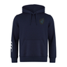 The EMB Canterbury Uruguay Shield Club Hoodie in navy blue features a hood, drawstrings, front pocket, small chest logo, and sleeve stripes. Made from premium sweatshirt fleece, it's ideal for rugby supporters.