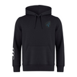 The Uruguay Shield Club Hoodie by EMB Canterbury is crafted from black premium sweatshirt fleece with a small blue bird logo on the chest and a bold white abstract design on the right sleeve, ideal for rugby fans who want stylish comfort.