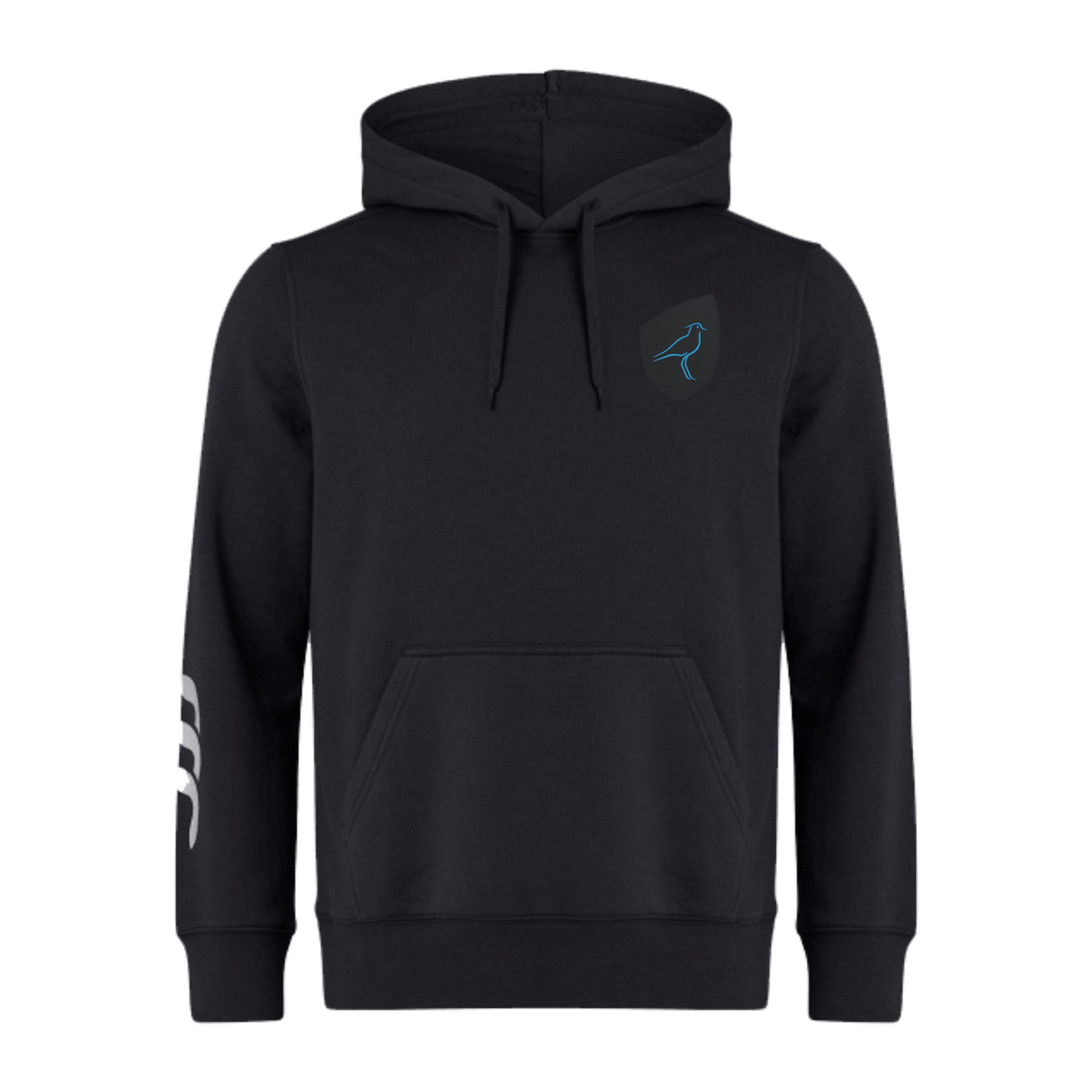 The Uruguay Shield Club Hoodie by EMB Canterbury is crafted from black premium sweatshirt fleece with a small blue bird logo on the chest and a bold white abstract design on the right sleeve, ideal for rugby fans who want stylish comfort.
