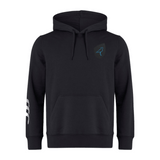 The Uruguay Shield Club Hoodie by EMB Canterbury is crafted from black premium sweatshirt fleece with a small blue bird logo on the chest and a bold white abstract design on the right sleeve, ideal for rugby fans who want stylish comfort.