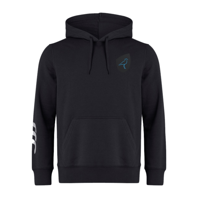 The Uruguay Shield Club Hoodie by EMB Canterbury is crafted from black premium sweatshirt fleece with a small blue bird logo on the chest and a bold white abstract design on the right sleeve, ideal for rugby fans who want stylish comfort.