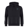 The Uruguay Shield Club Hoodie by EMB Canterbury is crafted from black premium sweatshirt fleece with a small blue bird logo on the chest and a bold white abstract design on the right sleeve, ideal for rugby fans who want stylish comfort.