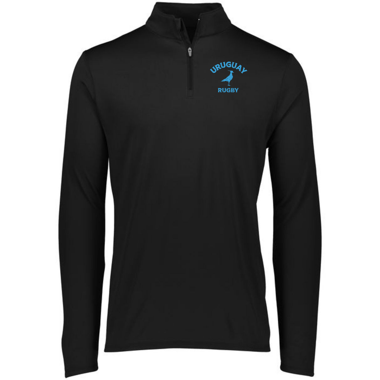 A men's black Nations of Rugby Uruguay Rugby 1/4 Zip Pullover with a blue EMB Augusta logo featuring wicking technology.