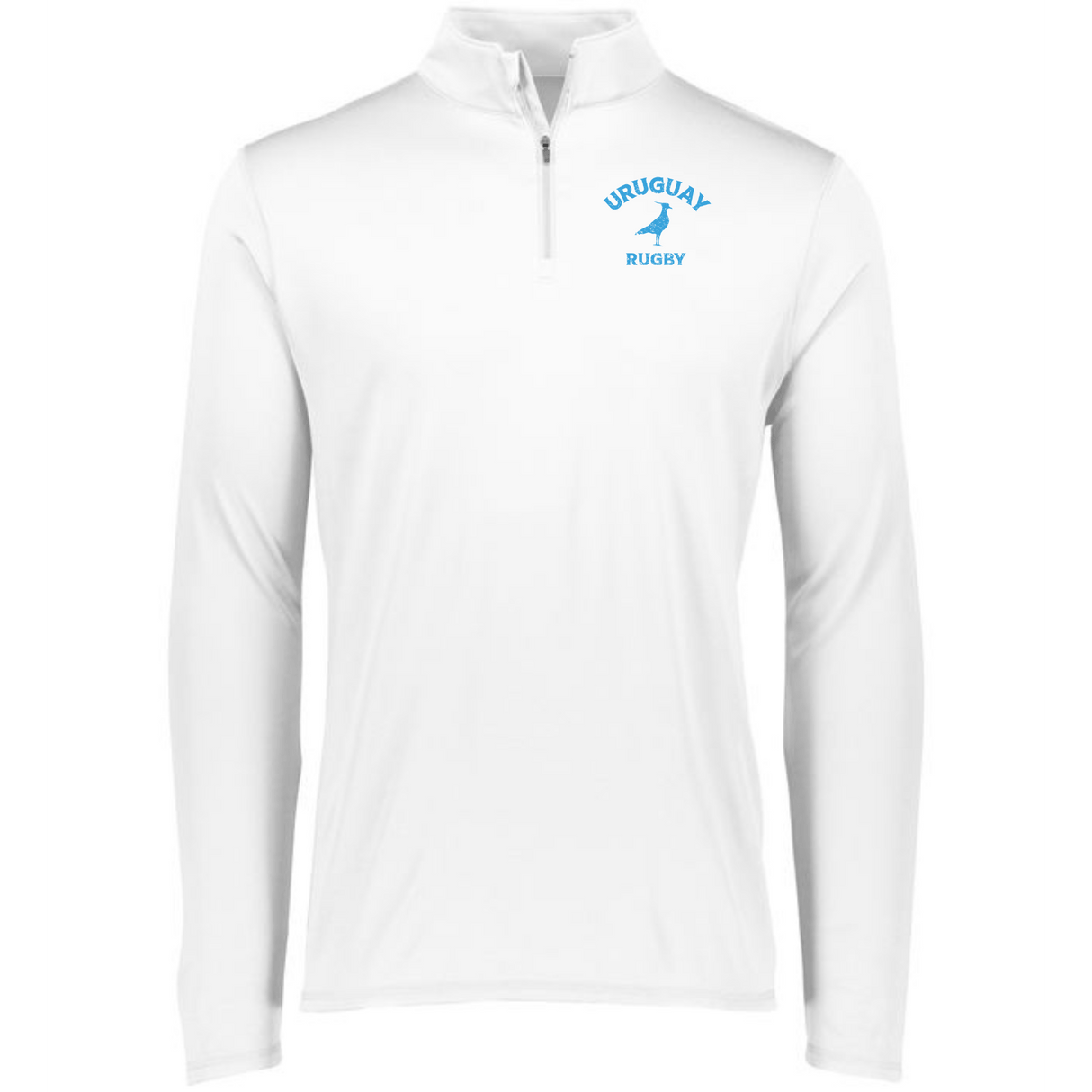 A white men's Nations of Rugby Uruguay Rugby 1/4 Zip Pullover with a blue logo, featuring wicking technology by EMB Augusta.