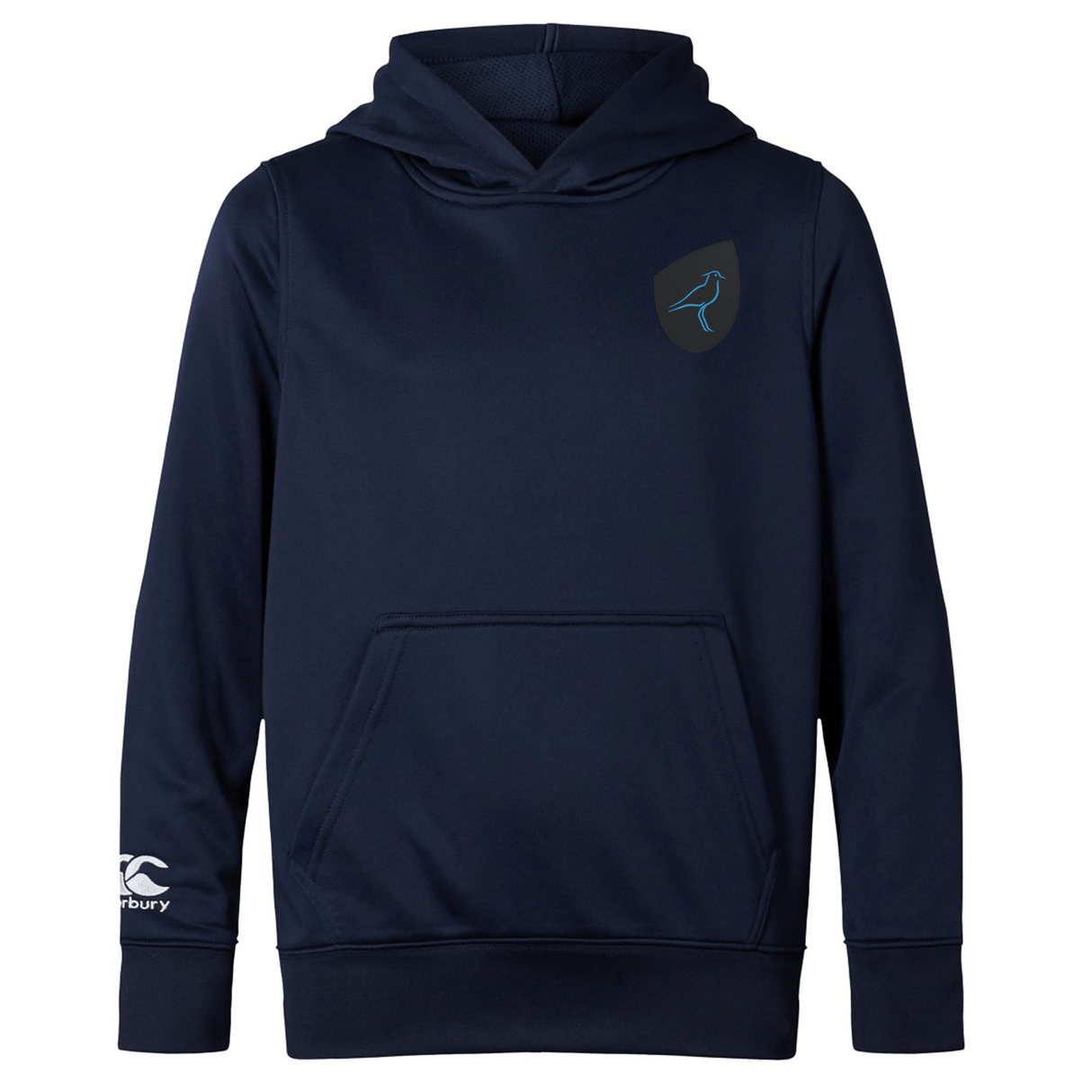 The Uruguay Shield Club Lightweight Hoodie by EMB Canterbury is navy blue with a kangaroo pocket, featuring a small bird emblem on the upper left chest and a logo on the right sleeve, designed for rugby supporters.