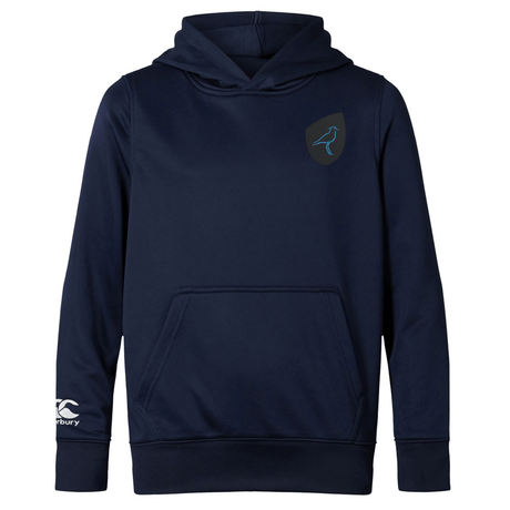 The Uruguay Shield Club Lightweight Hoodie by EMB Canterbury is navy blue with a kangaroo pocket, featuring a small bird emblem on the upper left chest and a logo on the right sleeve, designed for rugby supporters.