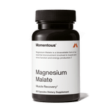 Momentous Magnesium Malate by Momentous comes in a black bottle with 60 capsules and is marketed as a dietary supplement for muscle recovery and energy production.