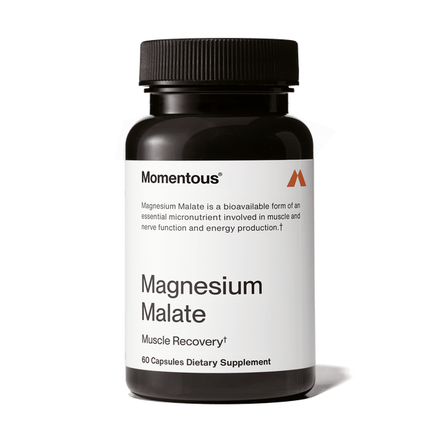 Momentous Magnesium Malate by Momentous comes in a black bottle with 60 capsules and is marketed as a dietary supplement for muscle recovery and energy production.