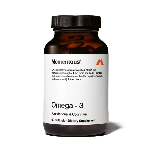 Momentous Omega-3 by Momentous offers 60 softgels designed to support brain and heart health with high-quality EPA and DHA.