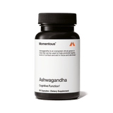 Momentous Ashwagandha by Momentous is a black bottle with a white label, containing 60 capsules formulated to support cognitive performance and stress management.
