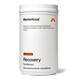 A white container labeled "Momentous Recovery" by Momentous in chocolate flavor, featuring whey protein for muscle repair and balanced carbs to support optimal post-workout recovery.