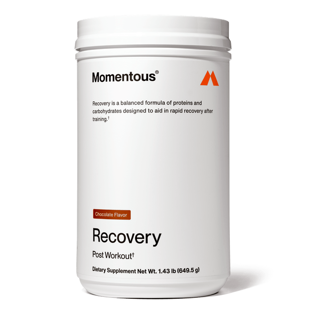 A white container labeled "Momentous Recovery" by Momentous in chocolate flavor, featuring whey protein for muscle repair and balanced carbs to support optimal post-workout recovery.