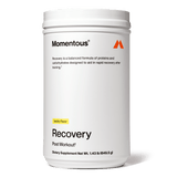 A white container labeled "Momentous Recovery" from Momentous, designed for post-workout muscle repair, featuring product details and a brief description on the front.