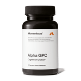 A black bottle of Momentous Alpha GPC by Momentous, featuring 60 capsules for brain health and cognitive performance, is displayed against a white background.